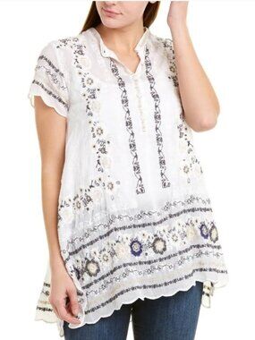Johnny Was Kones Tunic White Embroidered Button Short Sleeve Scallop Hem